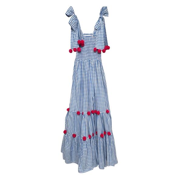 Sundress Pippa Maxi Dress Women's M/L Blue Gingham Check Pink Pom Pom Boho - Picture 2 of 8